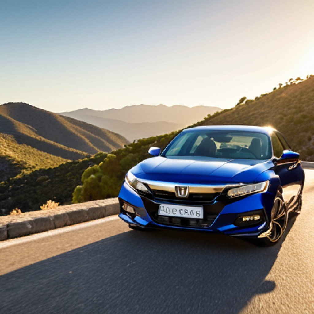 A sleek, modern Honda Accord Sport sedan, in a metallic deep blue or dark grey, dynamically cornering on a winding mountain road. The car exhibits minimal body roll, appearing agile and confident as it navigates a sharp bend. The setting is a scenic Spanish landscape (e.g., reminiscent of Sierra de Madrid), with warm natural light (golden hour). Emphasize the sporty yet refined aesthetic, conveying powerful acceleration and precise handling. The image should be captured with a high-quality automotive photography style, showing a blend of performance and elegance.