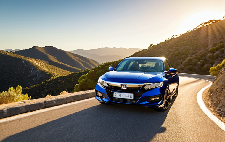 A sleek, modern Honda Accord Sport sedan, in a metallic deep blue or dark grey, dynamically cornering on a winding mountain road. The car exhibits minimal body roll, appearing agile and confident as it navigates a sharp bend. The setting is a scenic Spanish landscape (e.g., reminiscent of Sierra de Madrid), with warm natural light (golden hour). Emphasize the sporty yet refined aesthetic, conveying powerful acceleration and precise handling. The image should be captured with a high-quality automotive photography style, showing a blend of performance and elegance.