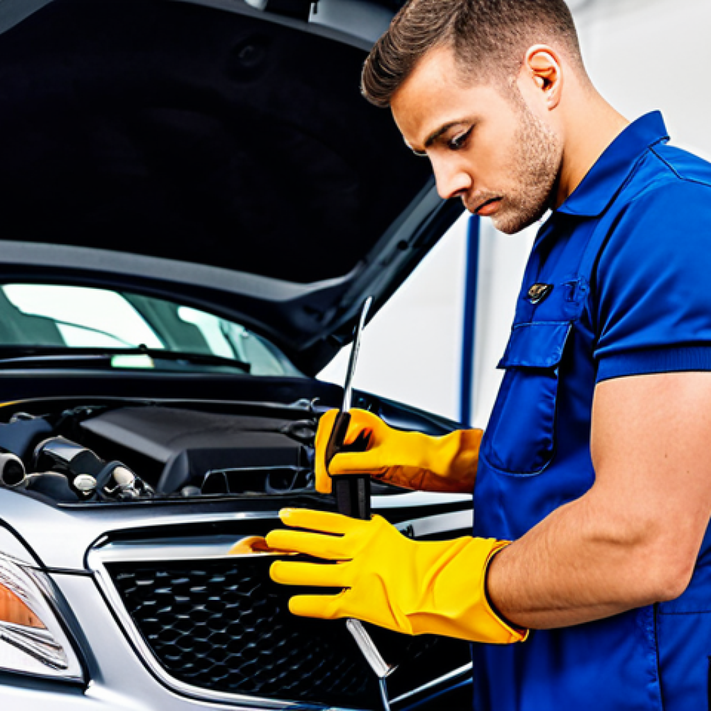 A professional male mechanic, meticulously inspecting the engine compartment of a modern car. He is fully clothed in a clean, professional work uniform, wearing appropriate safety gloves. His pose is natural and focused, demonstrating correct proportions and perfect anatomy. The setting is a brightly lit, organized auto repair shop with tools neatly arranged in the background. The image should convey precision and expertise in vehicle maintenance. safe for work, appropriate content, modest clothing, family-friendly, professional photography, high quality, sharp focus, vibrant colors.