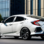 A modern Honda Civic, showcasing its bold, sharp lines and aerodynamic profile, in a dynamic urban street setting with sleek glass buildings in the background. Emphasize its futuristic design and distinctive rear lights. The car is perfectly detailed, with correct proportions, well-formed design, and natural body proportions. Professional studio photography, high resolution, soft cinematic lighting. Safe for work, appropriate content, fully clothed, professional, family-friendly.