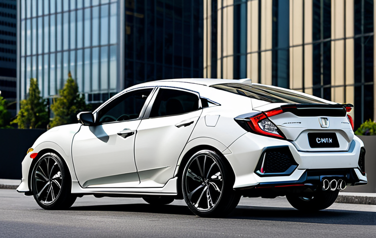 A modern Honda Civic, showcasing its bold, sharp lines and aerodynamic profile, in a dynamic urban street setting with sleek glass buildings in the background. Emphasize its futuristic design and distinctive rear lights. The car is perfectly detailed, with correct proportions, well-formed design, and natural body proportions. Professional studio photography, high resolution, soft cinematic lighting. Safe for work, appropriate content, fully clothed, professional, family-friendly.
