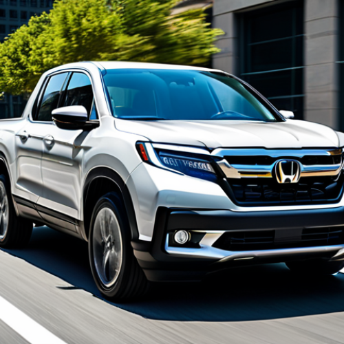 A sophisticated Honda Ridgeline pickup truck, featuring its redesigned aggressive front grille and modern LED headlights, parked elegantly on a pristine city street with sleek, contemporary architecture in the background. The vehicle showcases its new dynamic wheel design and vibrant exterior color under soft, professional studio lighting. The scene is captured with a shallow depth of field, emphasizing the vehicle's refined lines and imposing presence. This is a professional automotive photograph, high-resolution, with sharp focus and balanced composition, ensuring realistic rendering and clean aesthetics. safe for work, appropriate content, professional, family-friendly.