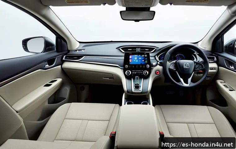 혼다 CR V 하이브리드의 최신 연비 리뷰 - A modern and spacious Honda CR-V hybrid interior viewed from the rear seats, showcasing soft-touch m...