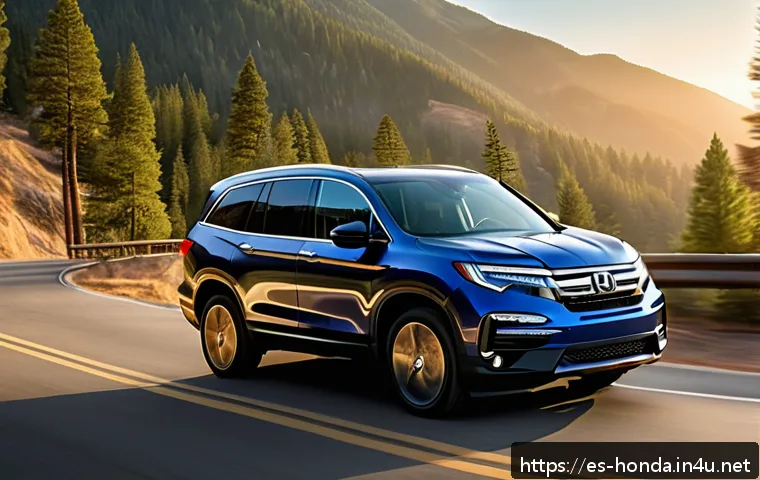 혼다 파일럿 하이브리드와 도요타 라브4 비교 - A robust and modern Honda Pilot Hybrid SUV driving confidently on a winding mountain road at sunset,...