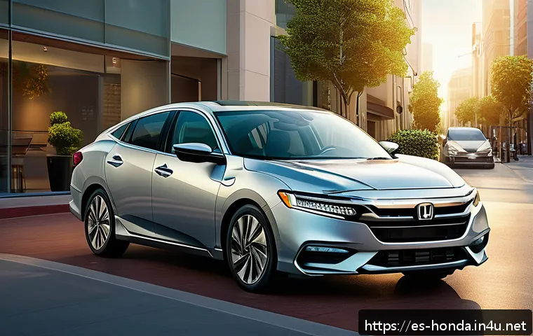 혼다 인사이트 하이브리드와 쉐보레 볼트 비교 - A sleek, sophisticated Honda Insight hybrid car parked on a modern urban street at sunset, showcasin...