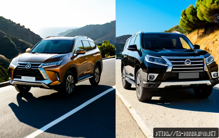 혼다 파일럿과 혼다 패스포트의 차이 - Photorealistic side-by-side comparison of two unbranded modern Japanese-style SUVs in a sunny Spanis...