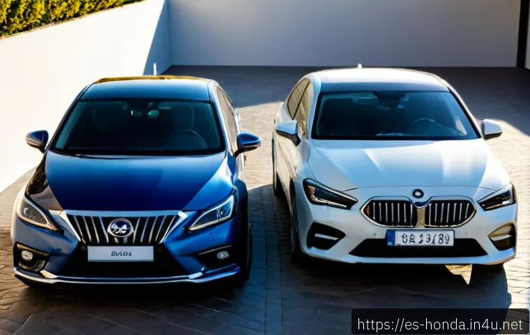 혼다 어코드와 BMW 3시리즈 비교 - Photorealistic side-by-side comparison of two unbranded midsize premium sedans inspired by Japanese ...