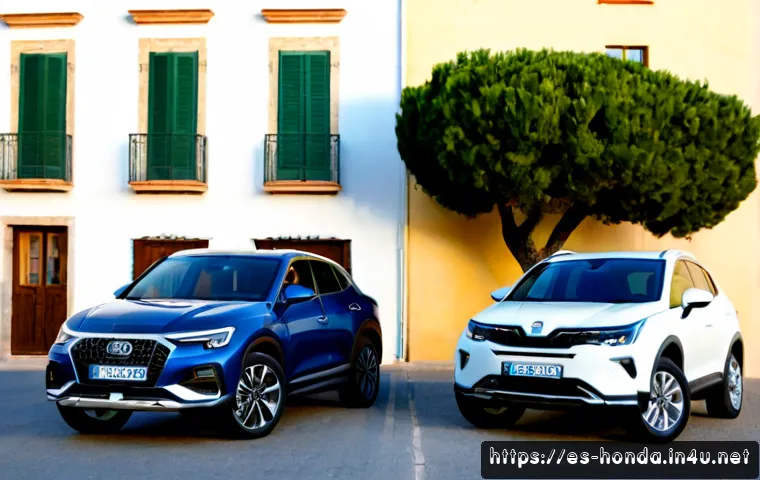 혼다 HR V와 현대 코나 비교 - Photorealistic side-by-side comparison of two unbranded compact crossover SUVs inspired by a sporty ...