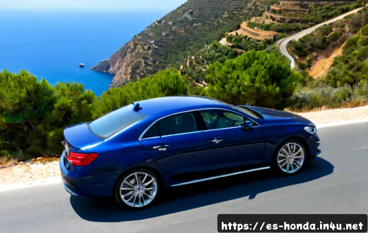 혼다 어코드 스포츠 모델 리뷰 - Photorealistic sporty midsize sedan in metallic deep blue, parked on a sunlit coastal highway overlo...